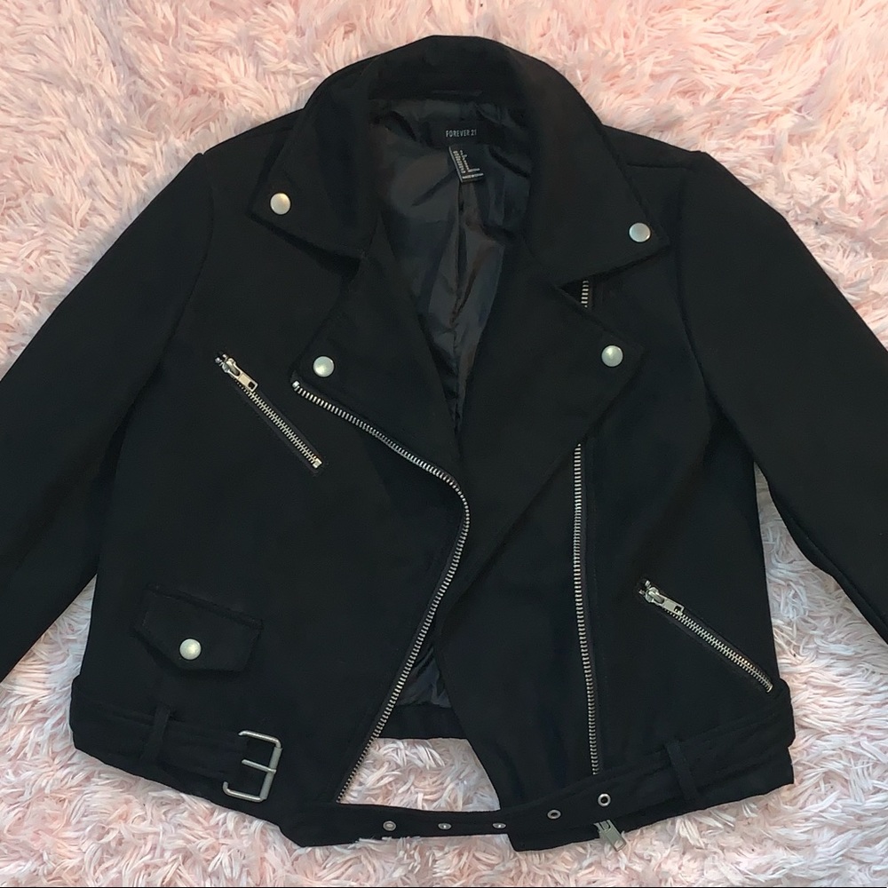 Forever 21 Fabric "Leather" Jacket with Belt and Pockets
